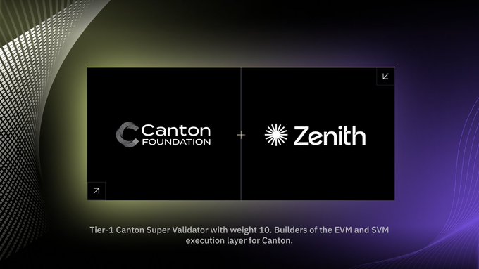 The image shows a partnership graphic between the Canton Foundation and Zenith, with the Canton Foundation logo on the left and the Zenith logo on the right, connected by a plus sign on a black panel. Below reads: "Tier-1 Canton Super Validator with weight 10. Builders of the EVM and SVM execution layer for Canton." The visual reinforces the post's announcement of Zenith's top-tier validator status and its role in developing Canton's EVM and SVM execution layers.