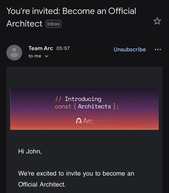 Another copy of the Team Arc email titled 'You're invited: Become an Official Architect' with the same gradient banner and 'Hi John' greeting.