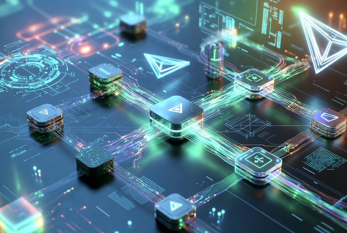 A digital/3D rendering of interconnected blockchain network nodes with glowing data streams and triangular icons.