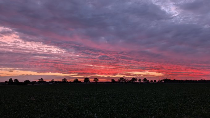 A vibrant sunset sky with red and pink clouds stretching over a dark silhouette of trees and a field.
