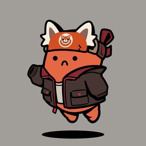 A cartoon illustration of a round orange character wearing a brown jacket and a cap with a bear logo, shown floating above a small shadow.