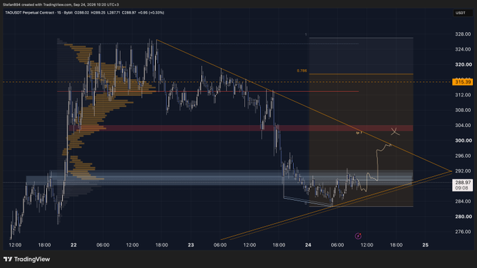 A TradingView chart of TAOUSDT Perpetual Contract on Bybit showing a price bounce off the ~$289 level toward the $315.32 resistance (0.786 Fib) along a descending trendline, consistent with the trader's "dead cat bounce" long entry with TP1 marked.