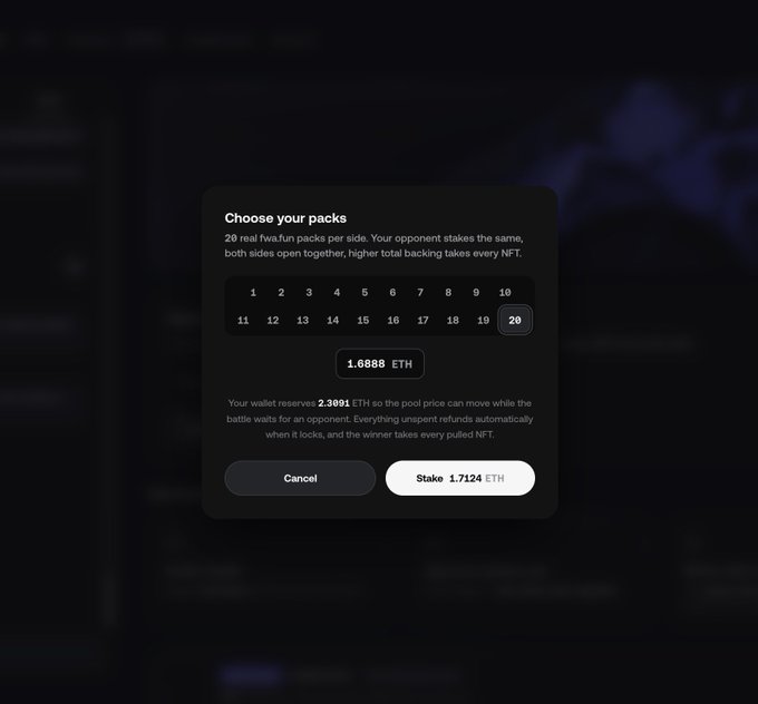 A dark-themed game or betting interface screen showing a 'Choose your packs' menu where a user can select 1-20 packs (with 20 selected at 1.6888 ETH each) and stake 1.7124 ETH against an opponent's 2.3091 ETH.