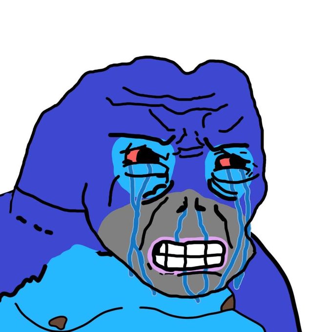 A cartoon drawing of a crying blue gorilla, a parody of the 'crying gorilla' meme, with tears streaming down its face and gritted teeth.