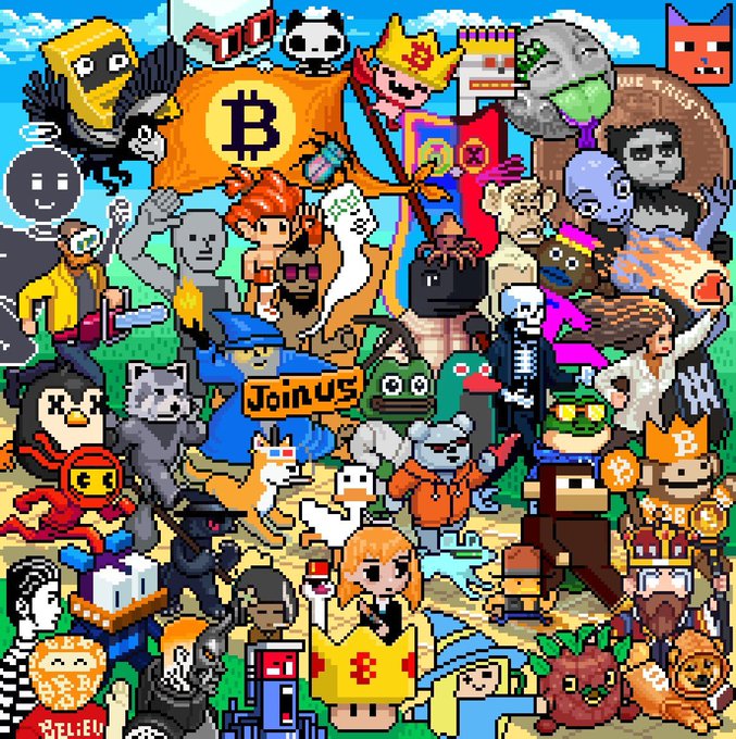 A colorful pixel art collage featuring various cryptocurrency and internet culture characters, including Bitcoin flags, meme characters, and a 'Join us' sign.