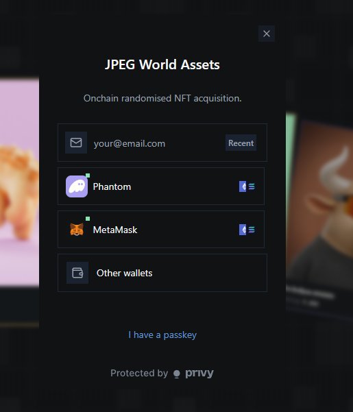 A dark-themed login interface for 'JPEG World Assets' offering an 'Onchain randomised NFT acquisition' with wallet connection options including Phantom, MetaMask, and Other wallets, protected by Privy.