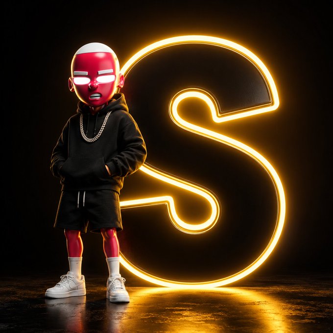 A stylized 3D figure wearing a red mask and black streetwear stands confidently next to a glowing neon orange "S" symbol against a dark background, visually emphasizing the "$ANSEM" ticker mentioned in the bullish morning crypto post.