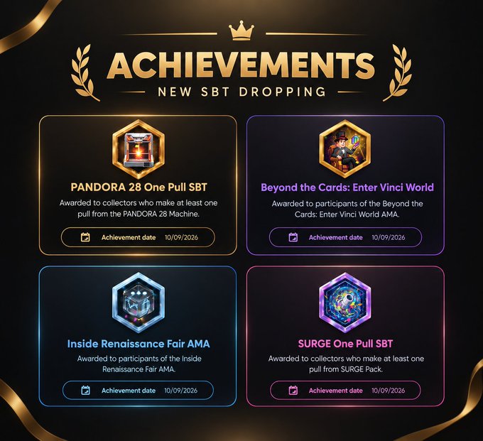 A dark-themed digital graphic titled 'ACHIEVEMENTS NEW SBT DROPPING', displaying four hexagonal badges: 'PANDORA 28 One Pull SBT', 'Beyond the Cards: Enter Vinci World', 'Inside Renaissance Fair AMA', and 'SURGE One Pull SBT', all dated 10/09/2026.