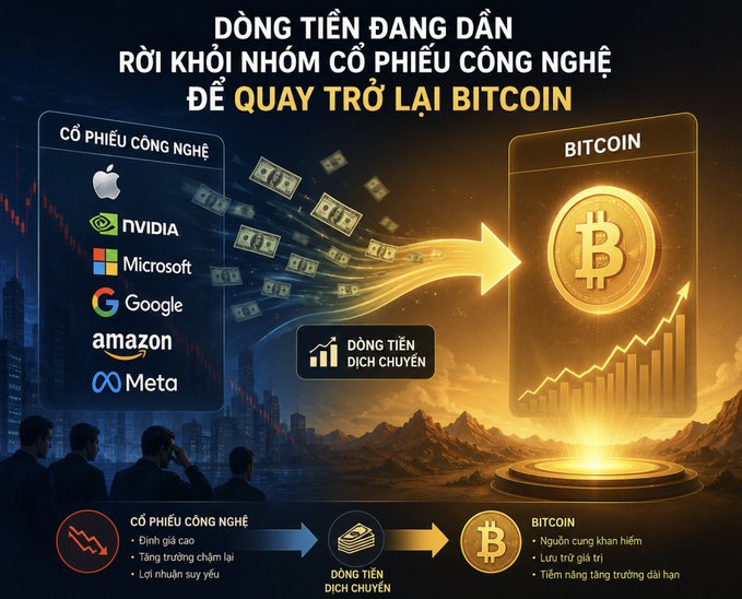 A Vietnamese graphic titled 'DÒNG TIỀN ĐANG DẦN RỜI KHỎI NHÓM CỔ PHIẾU CÔNG NGHỆ ĐỂ QUAY TRỞ LẠI BITCOIN' (Capital is gradually leaving tech stocks to return to Bitcoin), showing an arrow transferring money from companies like Apple, NVIDIA, and Microsoft toward Bitcoin.