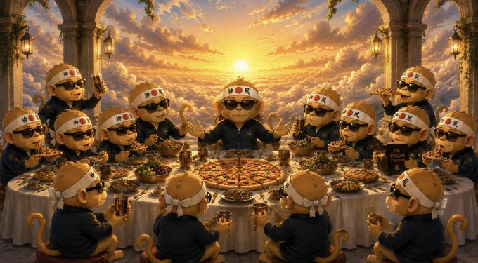 Surreal artwork depicting multiple monkey characters wearing sunglasses and headbands with Japanese characters, seated around a large table eating pizza against a sunset sky.