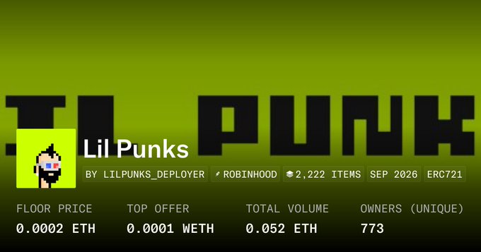 A screenshot of a Lil Punks NFT collection on Robinhood, showing 2,222 items as ERC721 with a floor price of 0.0002 ETH, top offer of 0.0001 WETH, total volume of 0.052 ETH, and 773 unique owners.