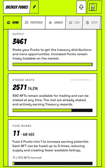 A screenshot of the Broker Punks NFT dashboard showing supply of 3461, staked seats of 2511 (74.3%), and 11 fuse burns out of 472 NFTs burned.