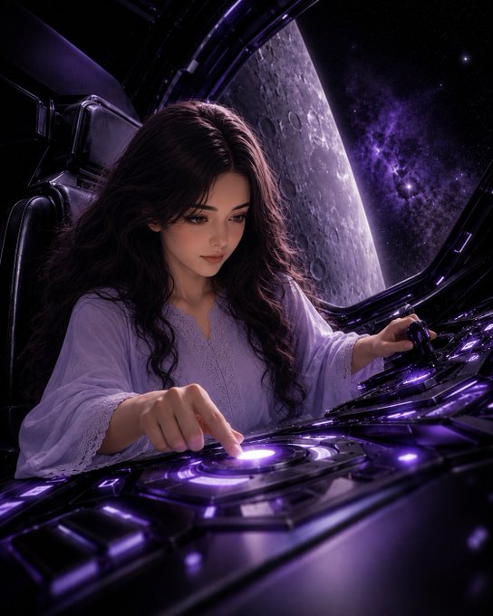 An AI-generated image of a woman with long dark wavy hair in a lavender top, sitting inside a spacecraft and operating a glowing purple control panel, with a large moon and starry space visible through the window.