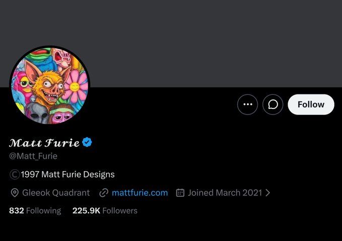 A social media profile page for Matt Furie (@Matt_Furie), displaying 225.9K followers, 832 following, a location of Gleebook Quadrant, a website mattfurie.com, and a profile picture featuring various colorful cartoon characters.