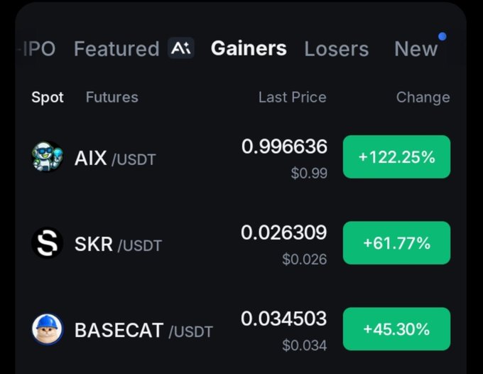 A dark-themed cryptocurrency exchange interface showing the 'Gainers' tab with top performers AIX/USDT (+122.25%), SKR/USDT (+61.77%), and BASECAT/USDT (+45.30%) displayed in green.