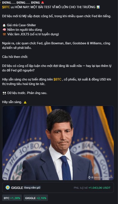 A Vietnamese financial news post titled 'DUNG.... DUNG..... DUNG $BTC us HÔM NAY' warning of a massive bear test for the market, featuring a photo of Federal Reserve Chair Jerome Powell.