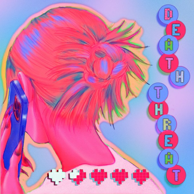 A vibrant, glitch-art style illustration of a dog on a pink and blue background, featuring vertical bubble text reading 'DEATH THREAT' and pixel art hearts at the bottom.