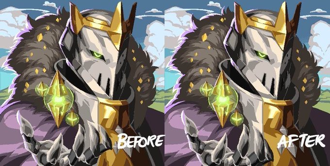 Side-by-side comparison labeled 'BEFORE' and 'AFTER' showing a knight character illustration with a green crystal pendant, with the 'AFTER' version showing refinements to the artwork.