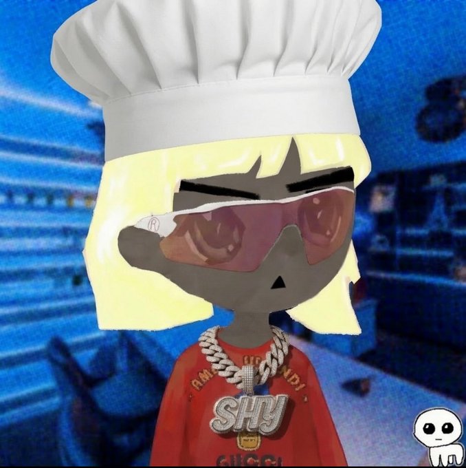 A stylized animated character with blonde hair, a white chef's hat, and red sunglasses wearing a red Gucci shirt with a "SHY" chain pendant poses against a snowy blue background, fitting the "Gm" (good morning) crypto greeting theme as the character appears ready to engage with the community.