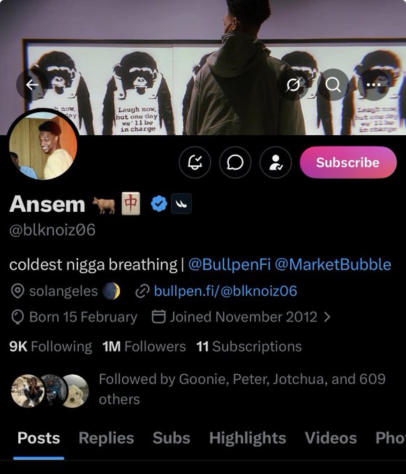The image shows a Twitter/X profile for "Ansem" (@blknoiz06) with 1M followers, featuring a bio that reads "coldest nigga breathing" with tags @BullpenFi and @MarketBubble, and a "Laugh now, cry later" meme displayed in the banner. The profile highlights Ansem promoting just one specific meme coin (BullpenFi/MarketBubble) among the massive number of Solana ecosystem tokens, illustrating the post's point about selective promotion of a single token from the many available.