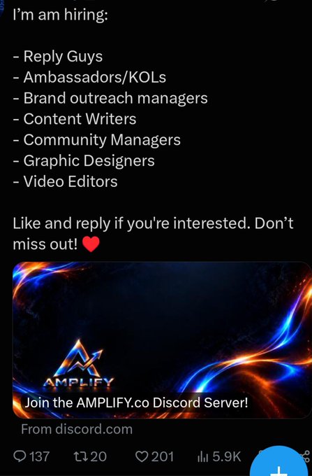 A Twitter/X hiring announcement post listing roles including Reply Guys, Ambassadors/KOLs, Brand outreach managers, Content Writers, Community Managers, Graphic Designers, and Video Editors, with a Discord server promo for AMPLIFY.