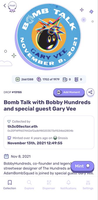 An OpenSea NFT page for 'Bomb Talk with Bobby Hundreds and special guest Gary Vee' drop #13155, minted November 13th, 2021.