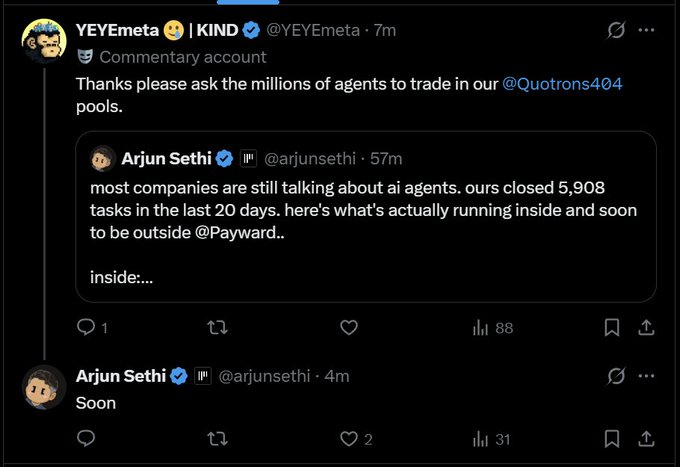 Screenshot of a Twitter/X exchange where user @arjunsethi claims their company 'closed 5,908 tasks in the last 20 days' using AI agents at @Quotrons404, to which @YEYEmeta sarcastically replies 'Thanks please ask the millions of agents to trade in our pools.'