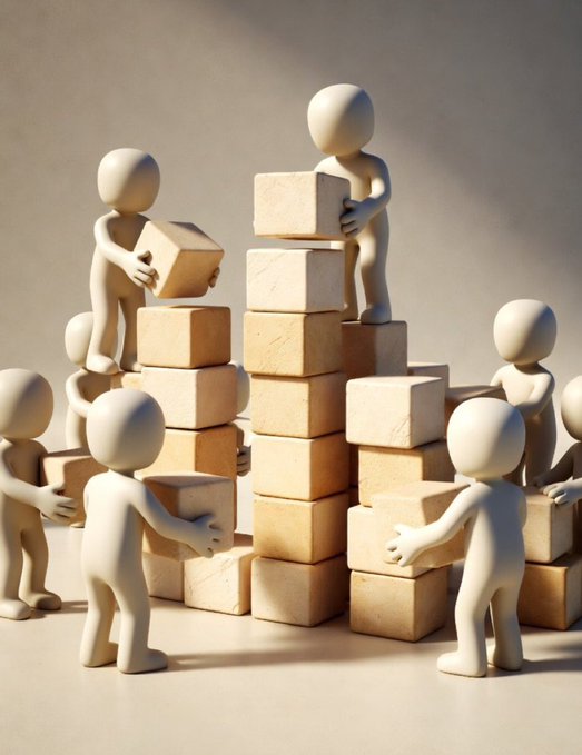 A 3D render of white featureless figures stacking wooden blocks into a tall tower, symbolizing teamwork or construction.