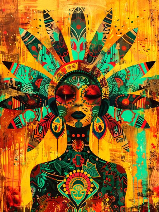 A vibrant, colorful illustration of a stylized female figure with an elaborate, feathered headdress in shades of yellow, green, and red, set against a textured background.