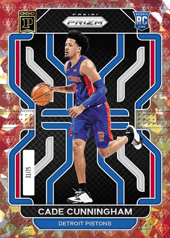A Panini Prizm basketball trading card of "CADE CUNNINGHAM" from the Detroit Pistons, numbered 33/75, featuring a Red Ice Prizm design.