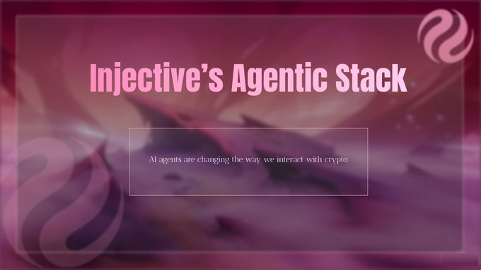A promotional graphic with a purple abstract background titled "Injective's Agentic Stack" with the tagline "AI agents are changing the way we interact with crypto" displayed in the center.
