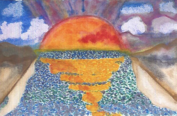 A vibrant watercolor or mixed-media painting of a sunset over a textured body of water, with an orange sun, colorful sky, and mountainous shores.