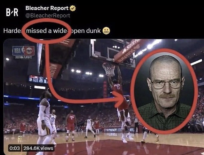 A screenshot of a Bleacher Report tweet shows James Harden missing a wide-open dunk, with "Harde" circled and an arrow pointing to a photo of Walter White from Breaking Bad, referencing his basketball nickname "The Beard" along with his bald look. The meme humorously suggests that grinding BTC into stops while others short on a Saturday is like missing an easy opportunity, similarly to Harden's botched dunk.