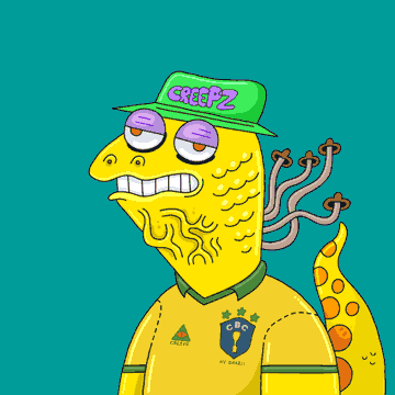 A cartoon illustration of a yellow lizard-like creature wearing a green 'SREEPZ' cap and a yellow jersey, set against a teal background.