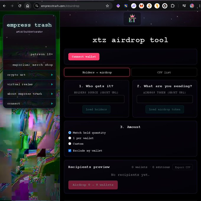 A screenshot of the 'xtz airdrop tool' on empress trash website, showing options for 'Holders - airdrop' and 'CSV list' with fields for holders source, airdrop token, and amount settings.