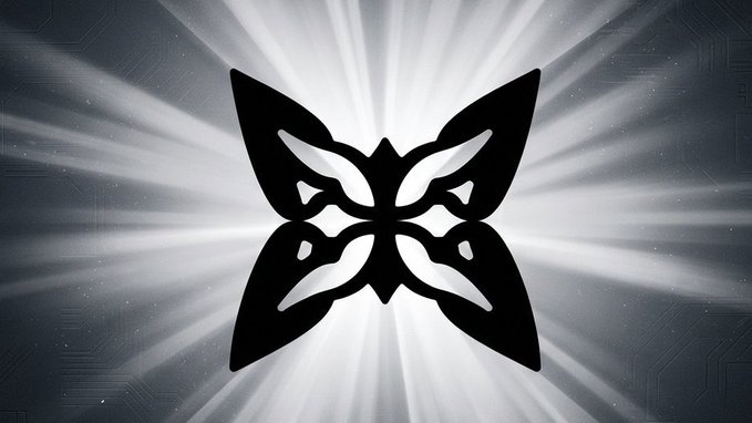 A symmetrical black butterfly-shaped logo or mask silhouette centered against a glowing gray background with radial light beams emanating from behind it.