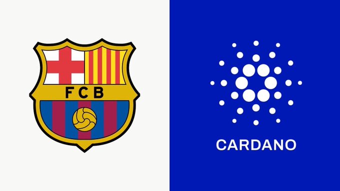 The FC Barcelona football club crest is displayed on the left, next to the Cardano cryptocurrency logo on a blue background on the right.