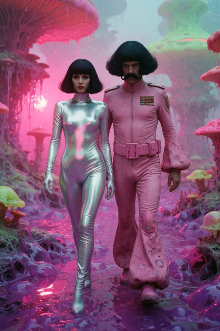 A surreal, AI-generated image shows a woman in a metallic silver bodysuit and a man in a futuristic pink uniform walking through a vibrant, alien landscape with glowing mushrooms.