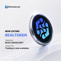 The image is a promotional graphic from Biconomy Exchange announcing the listing of REAL Token (XRPL), featuring Biconomy's logo, the text "NEW LISTING REALTOKEN" and "REALTOKEN/XRPT," with a tagline "Trading is now available" alongside a 3D blue coin graphic.