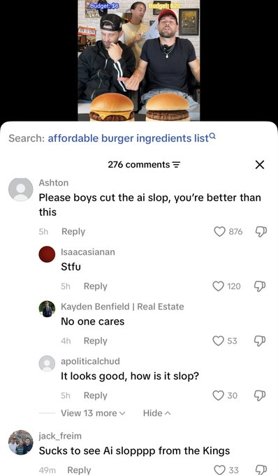 The screenshot shows two men behind two burgers on a video, with a TikTok comment section below featuring the search query "affordable burger ingredients list" and 276 comments, many criticizing AI-generated content with remarks like "Please boys cut the ai slop" (876 likes) and "Sucks to see Ai slopppp from the Kings" (33 likes).

The image illustrates the accompanying post's point about growing public disdain for AI-generated content on TikTok, showing negative comments like "No one cares" and "Stfu" as evidence—suggesting $Zoe crypto holders may benefit from being ahead of a trend rather than following the slow-to-adapt crypto crowd.