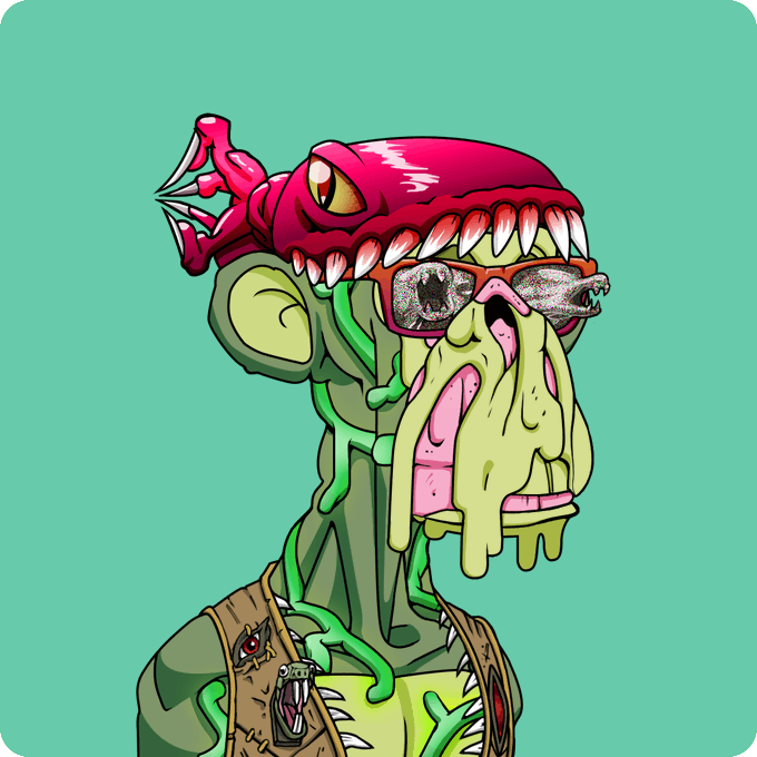 A cartoon-style illustration of a green zombie-like figure wearing pink sunglasses, with a small red monster with teeth perched on its head, set against a teal background.