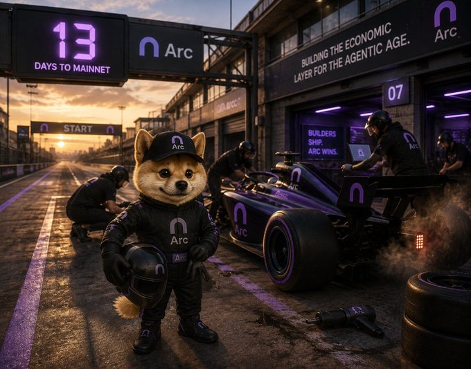 Promotional artwork for the 'Arc' crypto project showing a Shiba Inu mascot in a racing suit standing in a pit lane next to a Formula 1-style race car, with signs reading '13 DAYS TO MAINNET' and 'BUILDING THE ECONOMIC LAYER FOR THE AGENTIC AGE'.