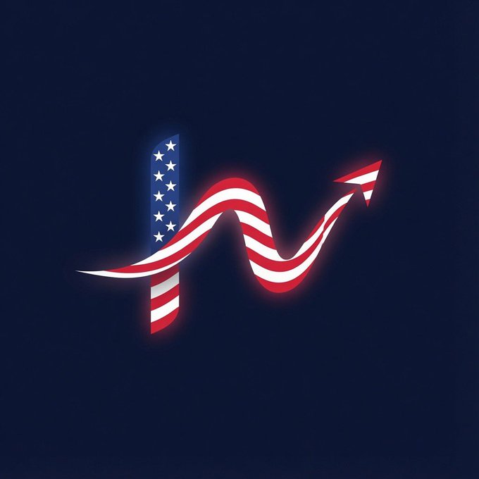 Graphic design of a stylized arrow shape incorporating the American flag pattern on a dark navy background.