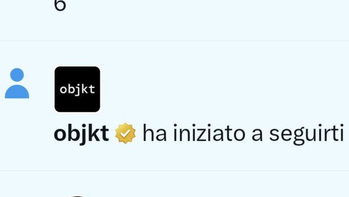A social media notification in Italian from the verified account 'objkt' stating 'ha iniziato a seguirti', meaning they have started following you.