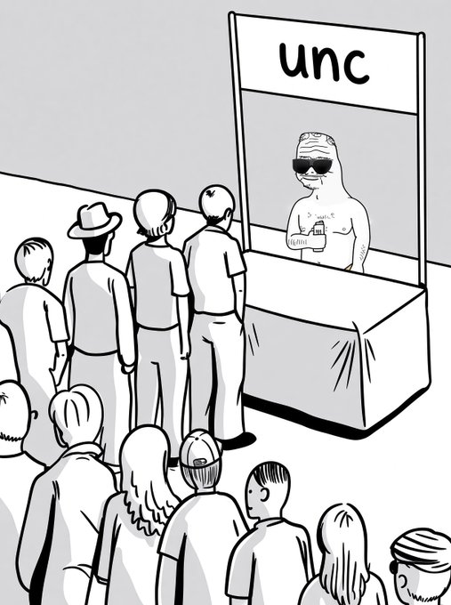 A cartoon illustration shows a crowd of people lined up at a booth labeled "unc," where a sunglasses-wearing figure stands behind the counter. The image humorously depicts the post's call to "$unc" holders gathering at a checkpoint to prove their allegiance.