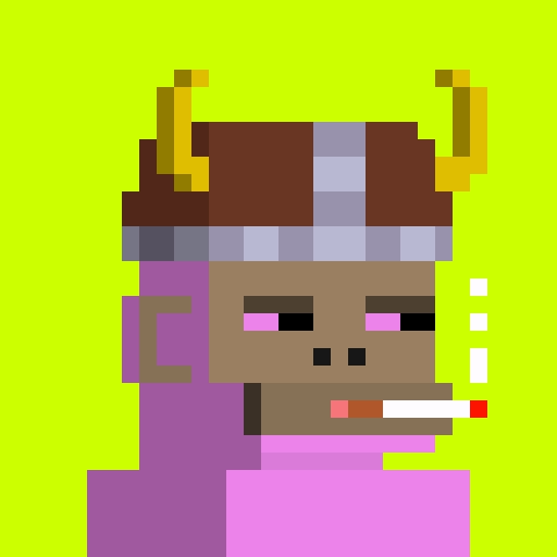 A pixel art portrait of a character with brown skin, purple hair, yellow horns, and a cigarette in their mouth against a bright yellow-green background.