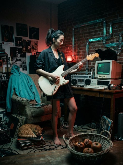 Atmospheric scene of a woman with a ponytail playing an electric guitar in a dimly lit room with brick walls, neon tubes, vintage computer, and a sleeping cat.