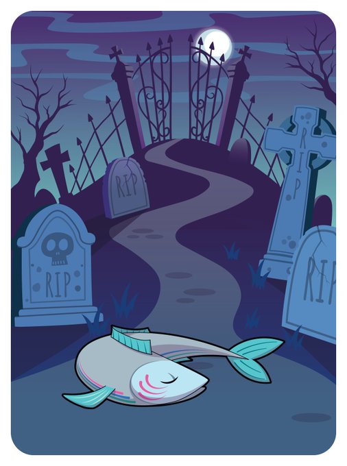 A cartoon graveyard at night with tombstones marked "RIP" sits under a full moon behind an open iron gate, while a smiling fish lies dead on the path in the foreground. The image uses a dead fish—literally "speaking truth" or "spitting facts"—as a visual pun to represent someone in the digital collectible space "spitting facts" about supporting the community, humorously tying the dead fish imagery to the praise of speaking hard truths.