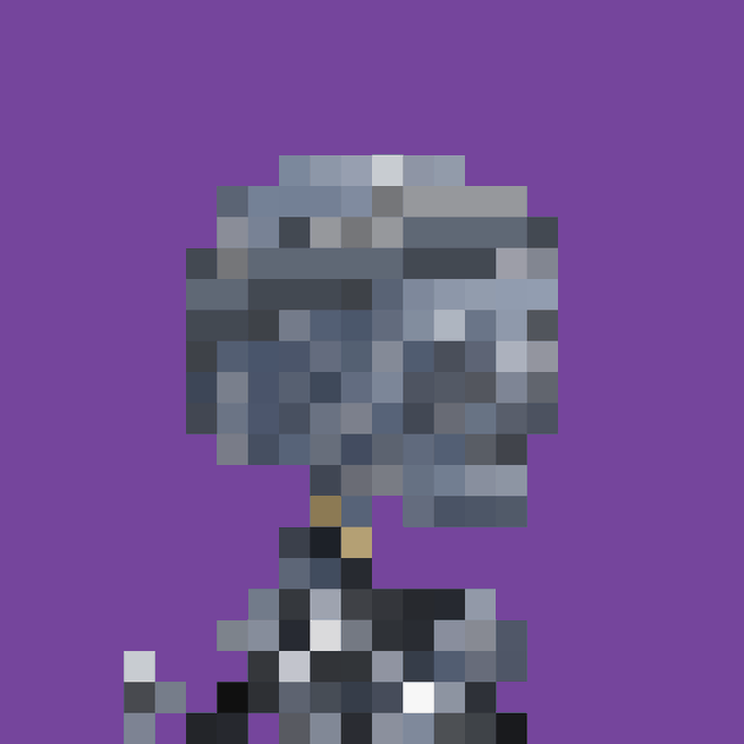 A pixel art image of a figure in blue and gray tones against a solid purple background.
