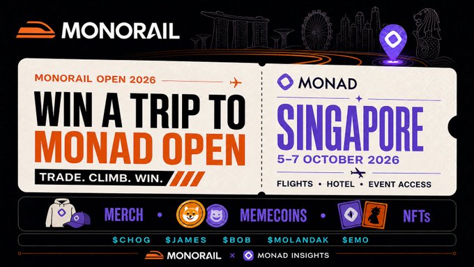 An advertisement for the Monorail Open 2026 offers a trip to the Monad Open in Singapore from October 5-7, 2026, including flights, hotel, and event access, with rewards including merch, memecoins, and NFTs.